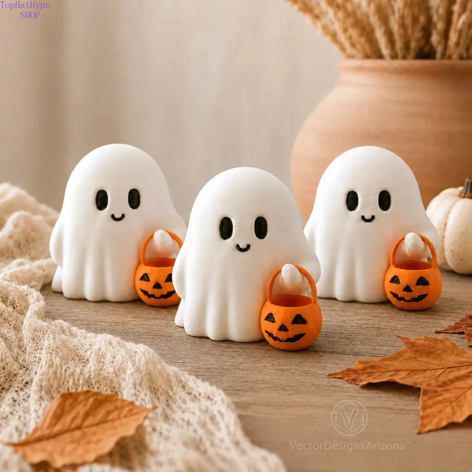 Tiny Trick-or-Treat Ghost Figurine with Optional Personalized Name Stand, Cute 3D Printed Halloween Desk & Shelf Decor, 1–3 Pack