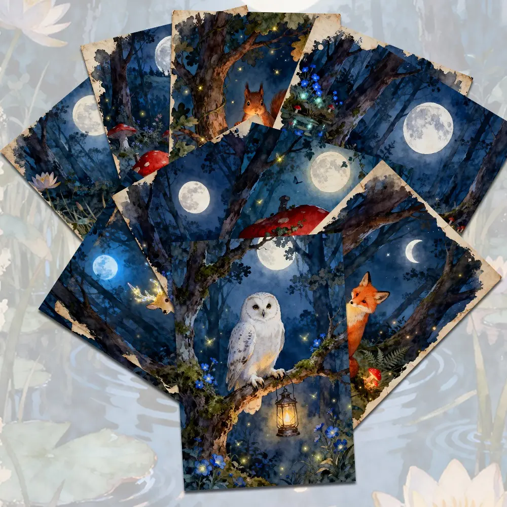 20 Magic Night Forest Postcards, Reindeer, Owl, Mushroom, Full Moon, Firefly Decorative Cards, Fantasy Landscape Photo Cards, DIY Craft Supplies, Assorted Cards