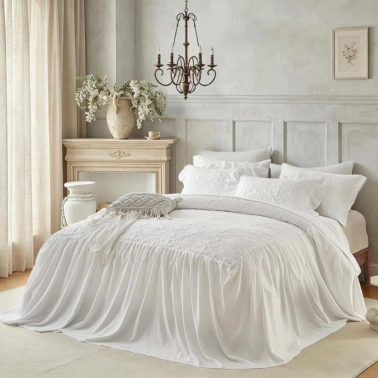 Ruffle Skirt Bedspread Set Floral - 30" Long Drop - Vintage Chic Ruffled Summer Bed Spreads Coverlet Boho Bedding Lightweight Luxurious Rustic 2 Piece Set Twin Size White