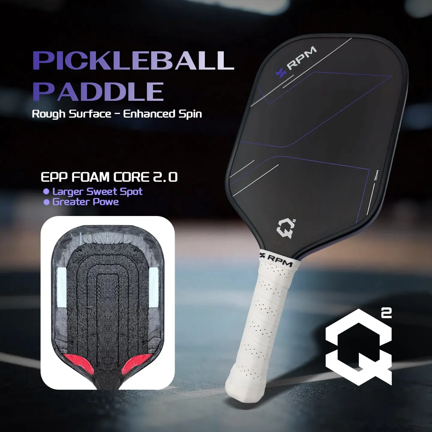 Rpm Q2 Pickleball Paddle, Toray T700 Carbon Fiber, Epp Foam Core, High Friction, High Bounce, Usapa Certified, Professional Tournament Use