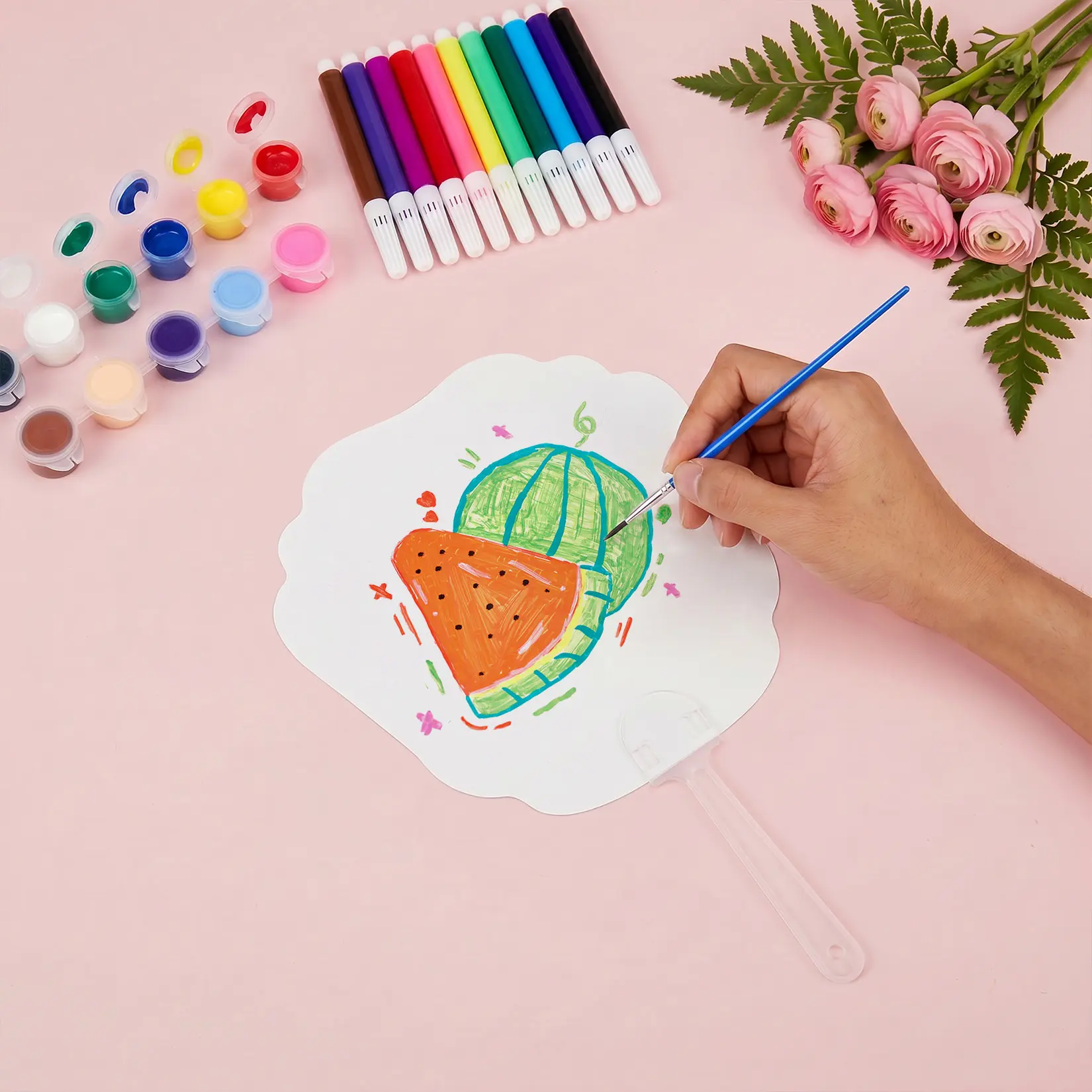 DIY Blank Paper Fan Art Kit – 50 Fans Painting Set with 12 Acrylic Paints, Watercolor Pens & Brushes – Customizable Craft Fans for Kids & Adults – Ideal for Church, Weddings, Parties, and Art Projects