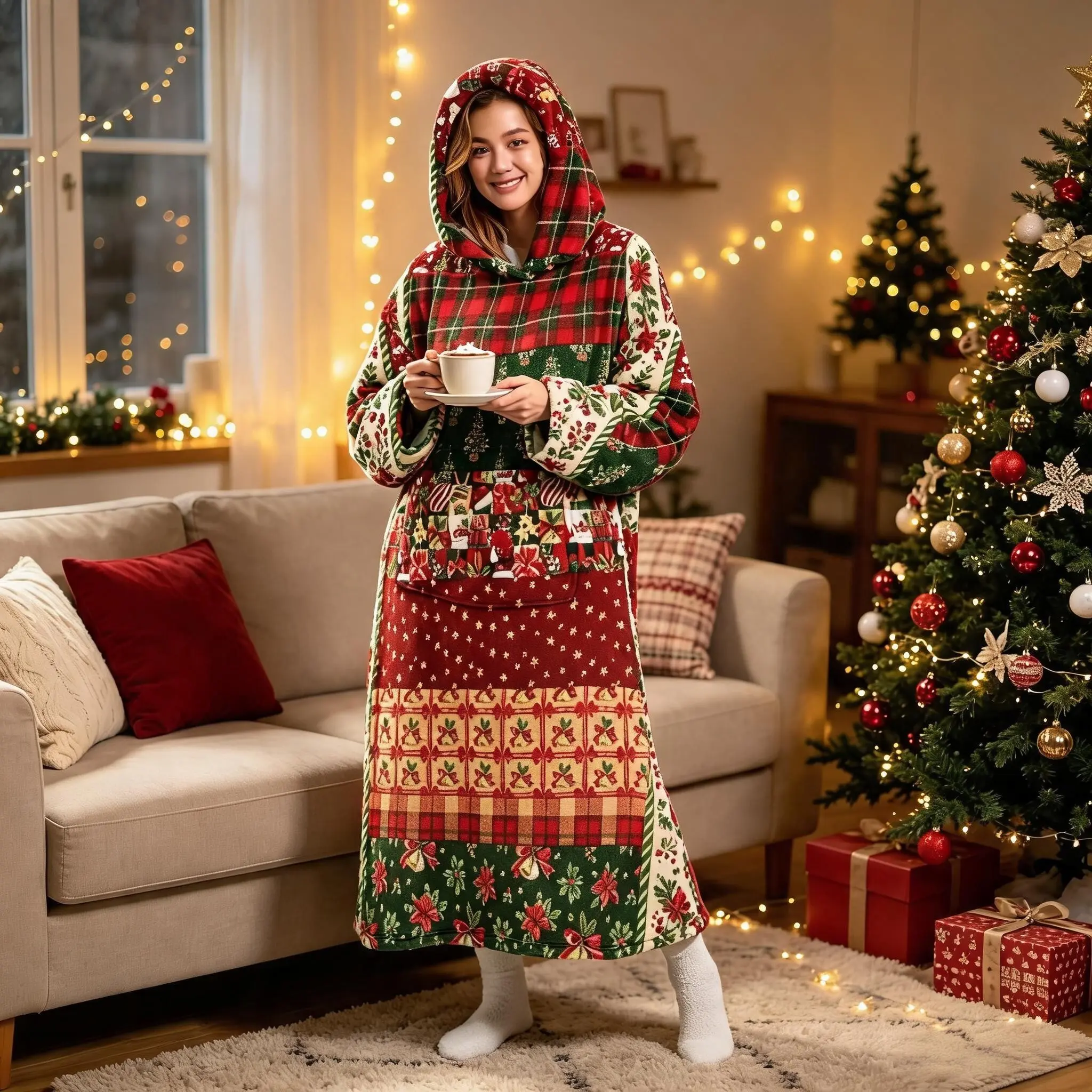 Unisex Flannel Long Sleep Robe, Christmas Patchwork Pattern, Thick Warm Home Bathrobe, Large Pockets, Holiday Festival Wear