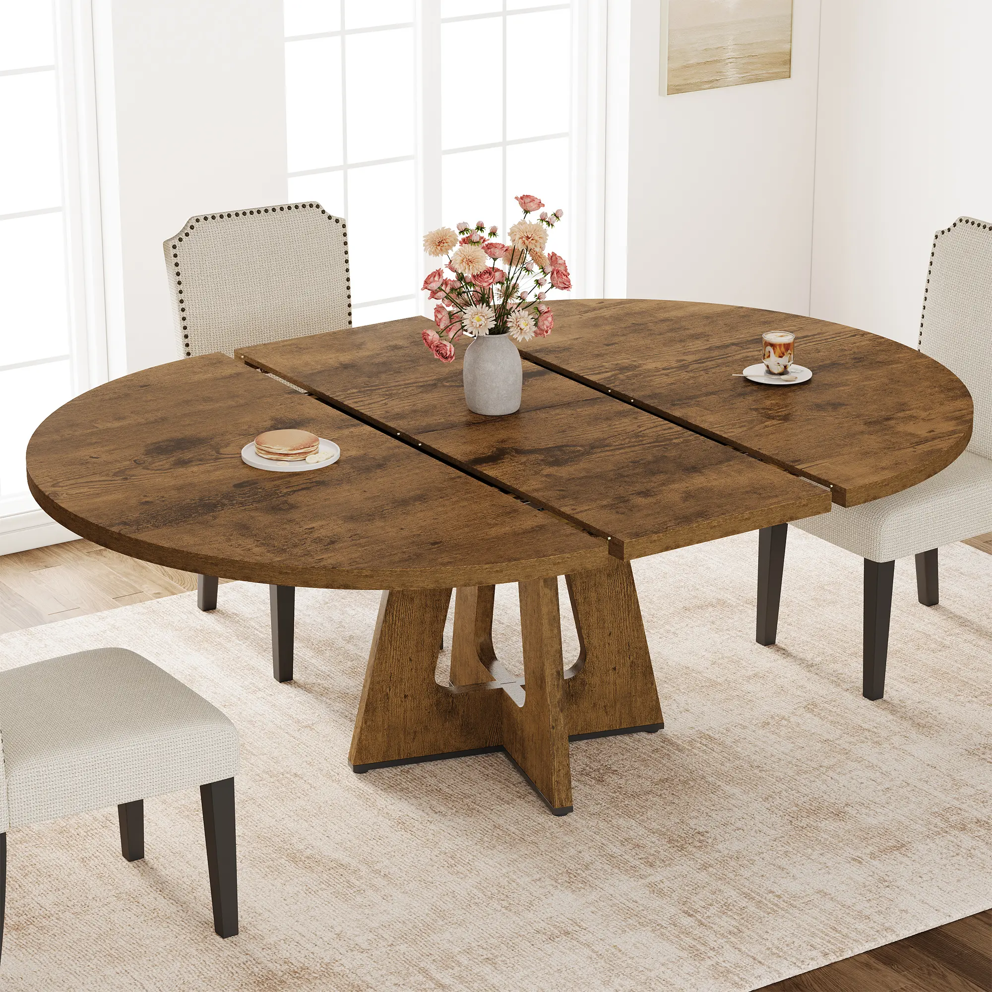 47"-63" Extendable Round Dining Table for 4-8 – Oval Table with Wooden Cross Pedestal Base, Farmhouse Kitchen Circle Furniture