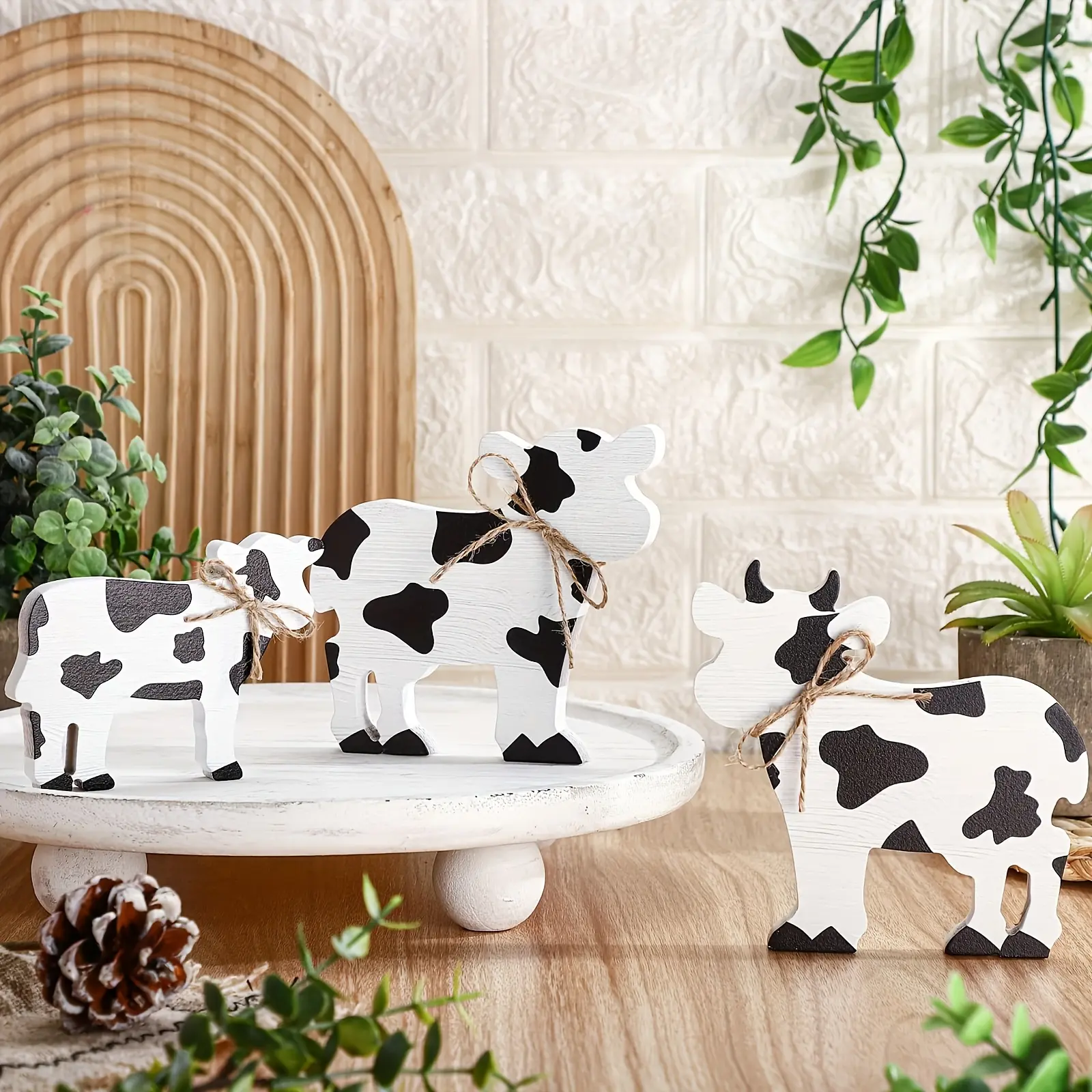 3 Piece Cow Table Decor Set, Handmade Layered Tray Rustic Wooden Centerpiece, Christmas Home Office Bookshelf Desktop Decoration