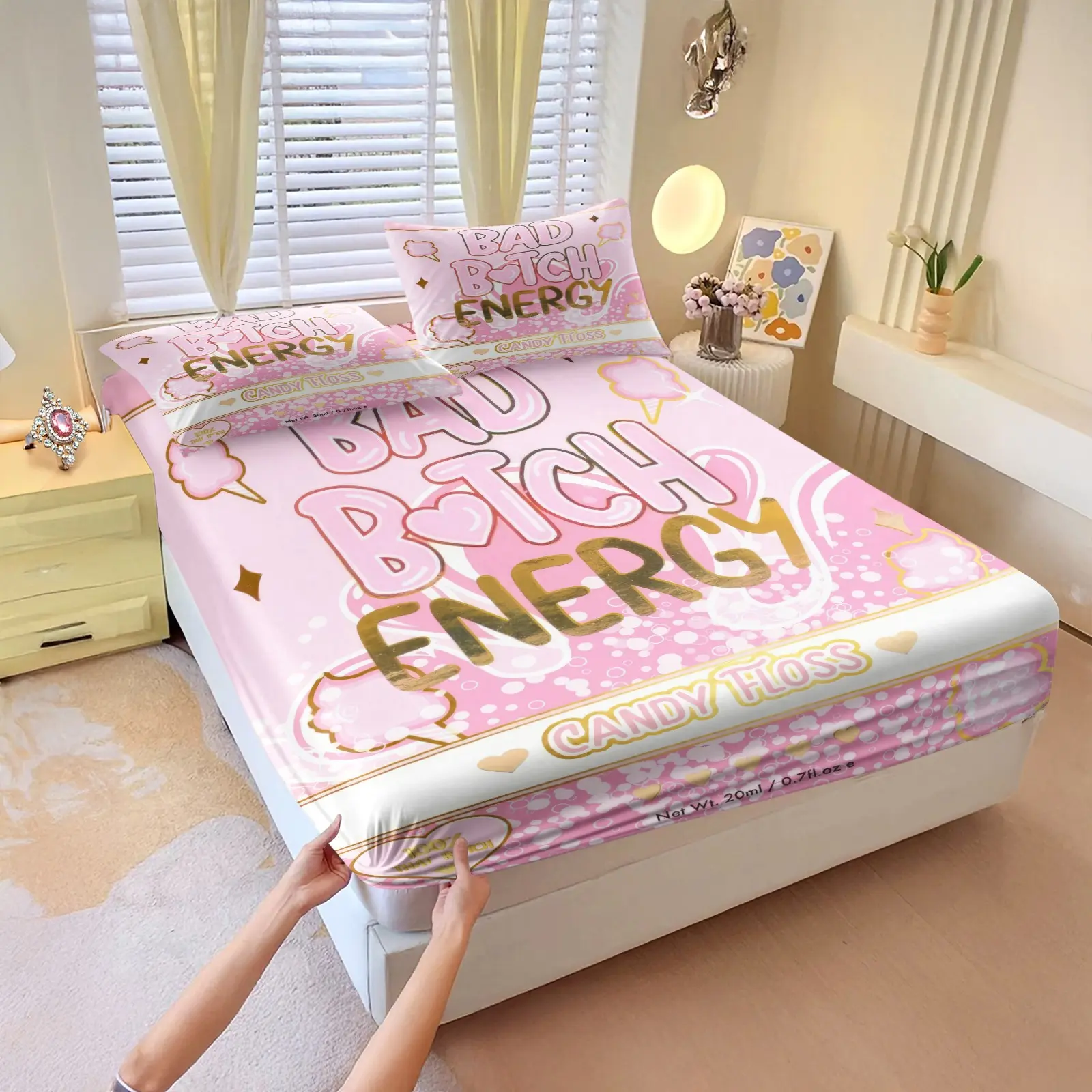 3Pcs Bad B*tch Energy Pink Candy Floss Print Fitted Sheet Set, Bed Linens, Soft Breathable Sheet, Soft Microfiber Bedding Set with Pillowcases, For Bedroom & Dorm Decor - No Filling