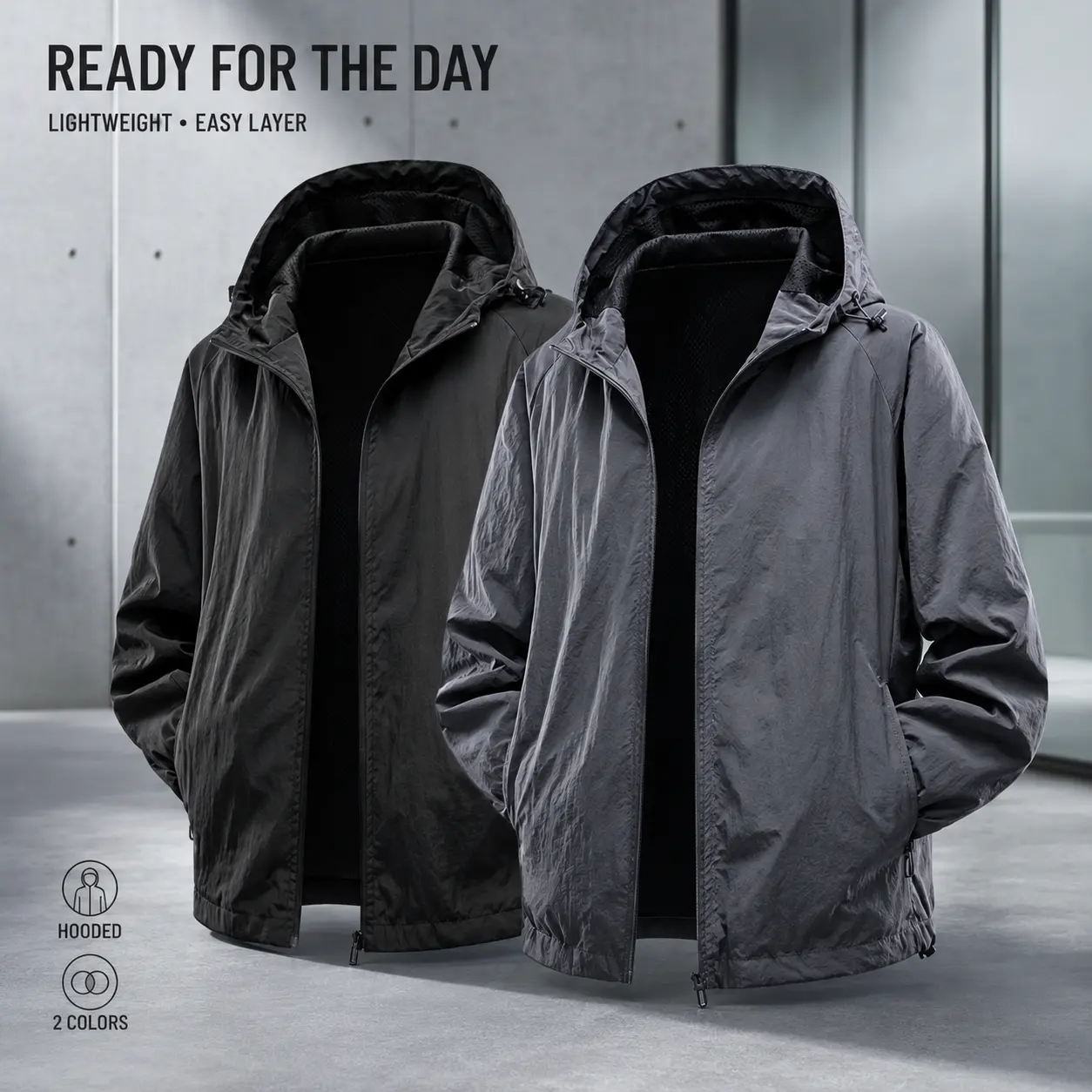 Men's Hooded Jacket 2 Pack Adjustable Drawstring Daily Outdoor Light Coat