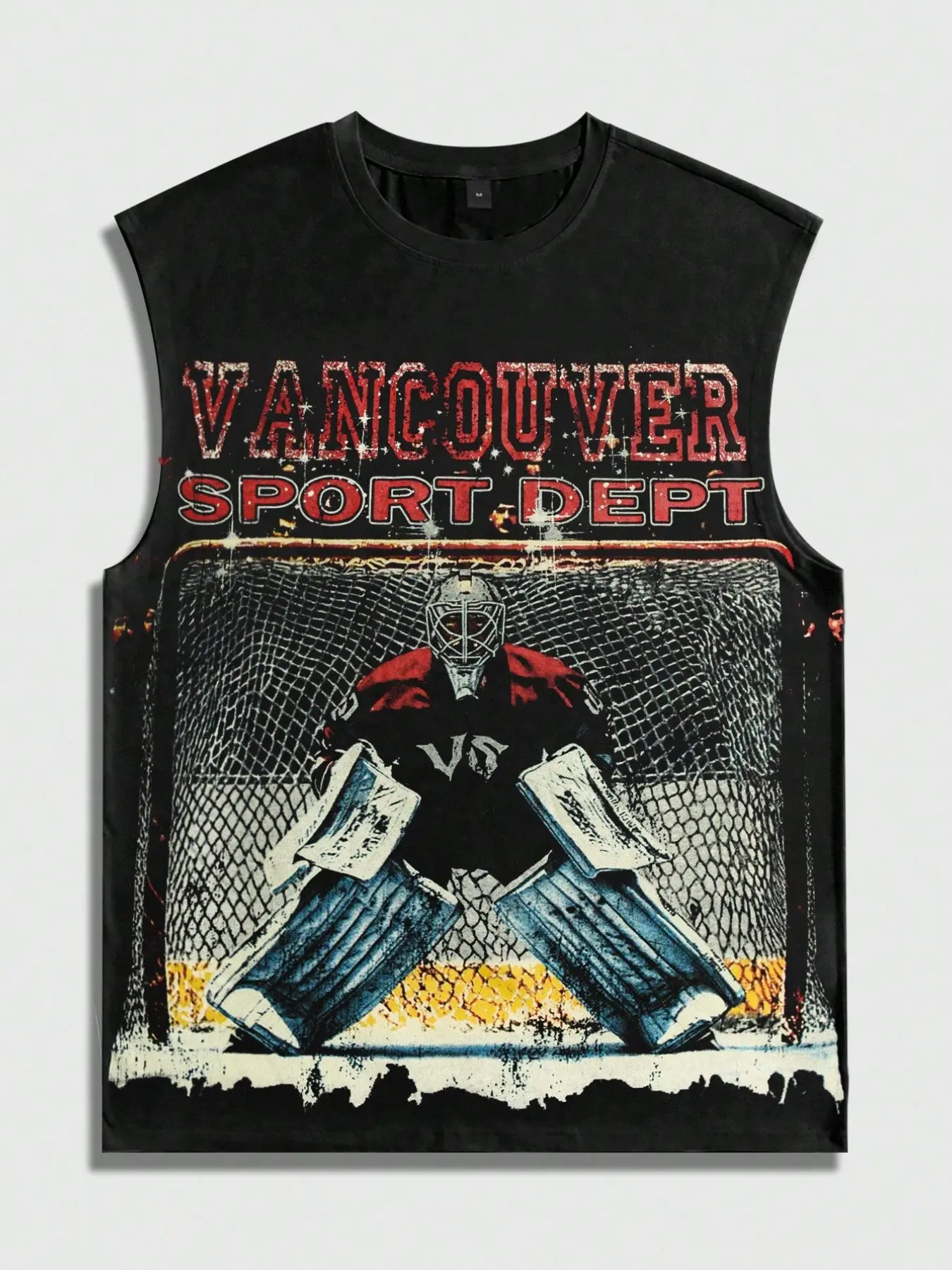 Vancouver Retro Ice Hockey Goalkeeper Loose Sleeveless Vest, Unisex, Y2K American Distressed Shimmer Print Crew Neck Vest, Men's Summer Sports Portrait Vest, Street Style, Trendy and Versatile Vest, Athletic Tank