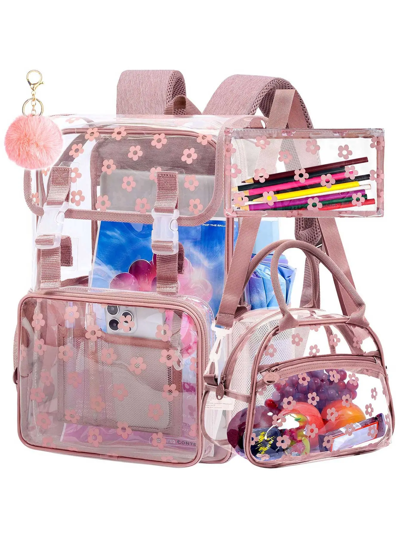 3PCS transparent schoolbag set, suitable for school, girls and children. 17-inch stadium-certified transparent backpack with lunch box (pink)