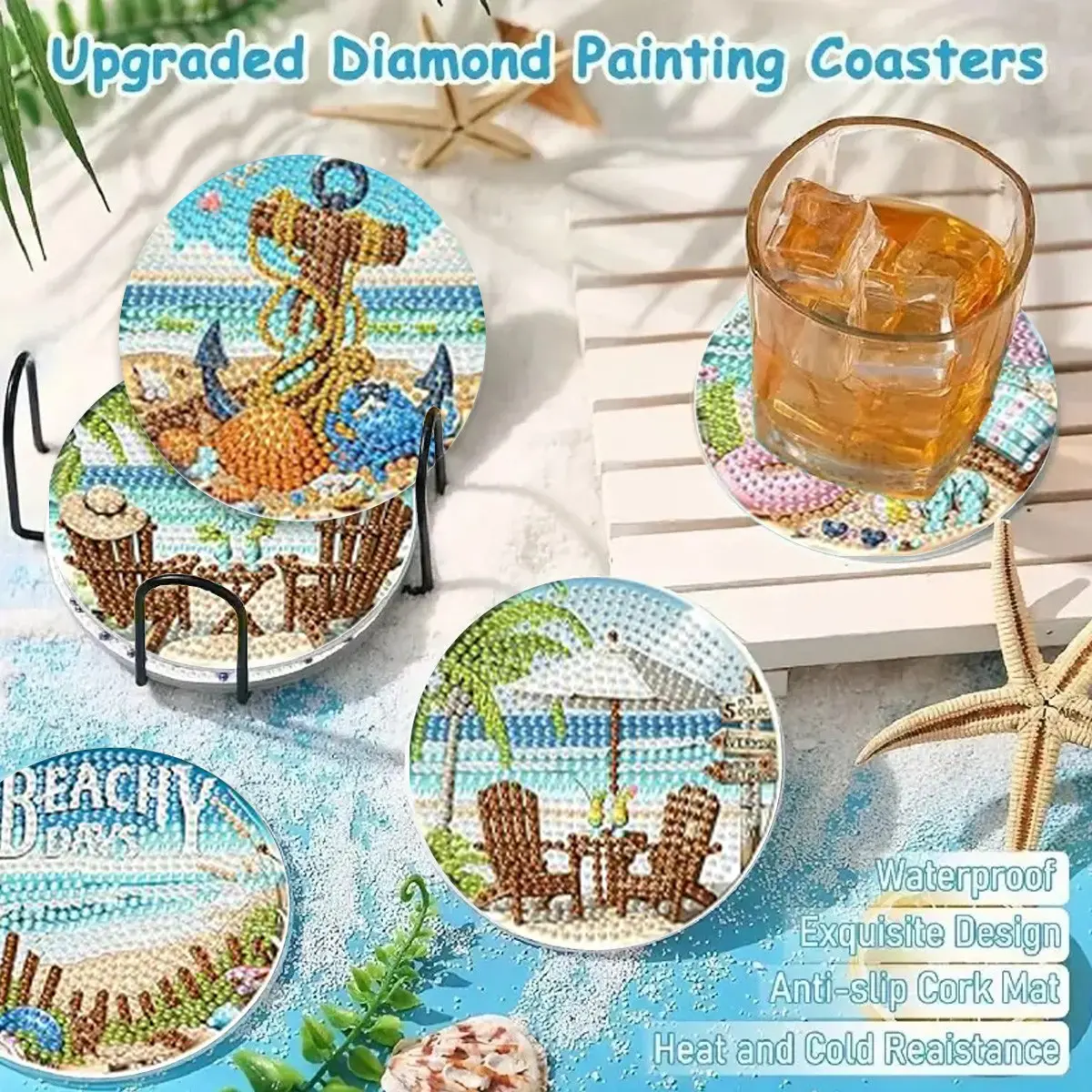 8-Piece Summer Tropical Beach Diamond Painting Coasters for Drinks, 5D DIY Kit with Metal Rack, Non-Slip Cork Base, Home & Garden Decor