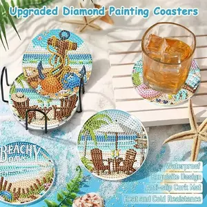 8-Piece Summer Tropical Beach Diamond Painting Coasters, 5D DIY Kit with Metal Rack, Non-Slip Cork Base, Home & Garden Decor