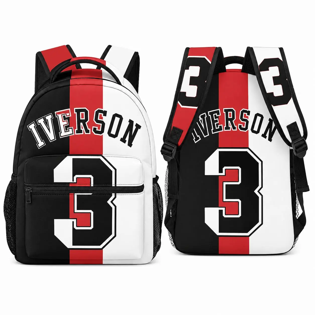 Unisex Number 3 Black-Red Varsity Look Basketball Backpack for Kids, White Color Block Jersey-Style School Bookbag with Zippered Front Pocket, Mesh Sides Pockets, Top Handle, Sporty Back to School Daypack