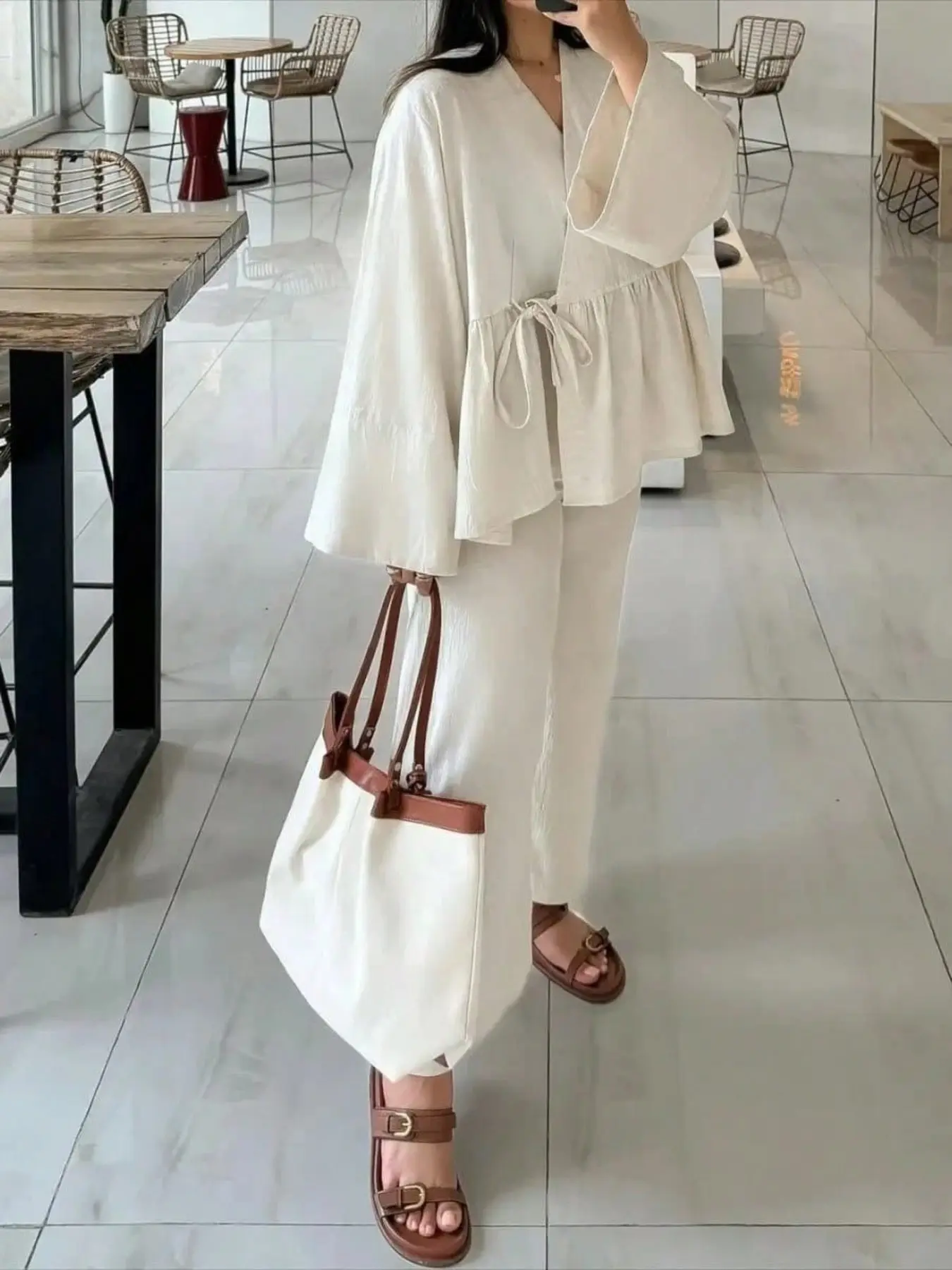Chinese Style Casual Tea Series Set for Women, Loose Adjustable Belted Cardigan High Waist Straight Leg Pants, Lazy Two-Piece Set