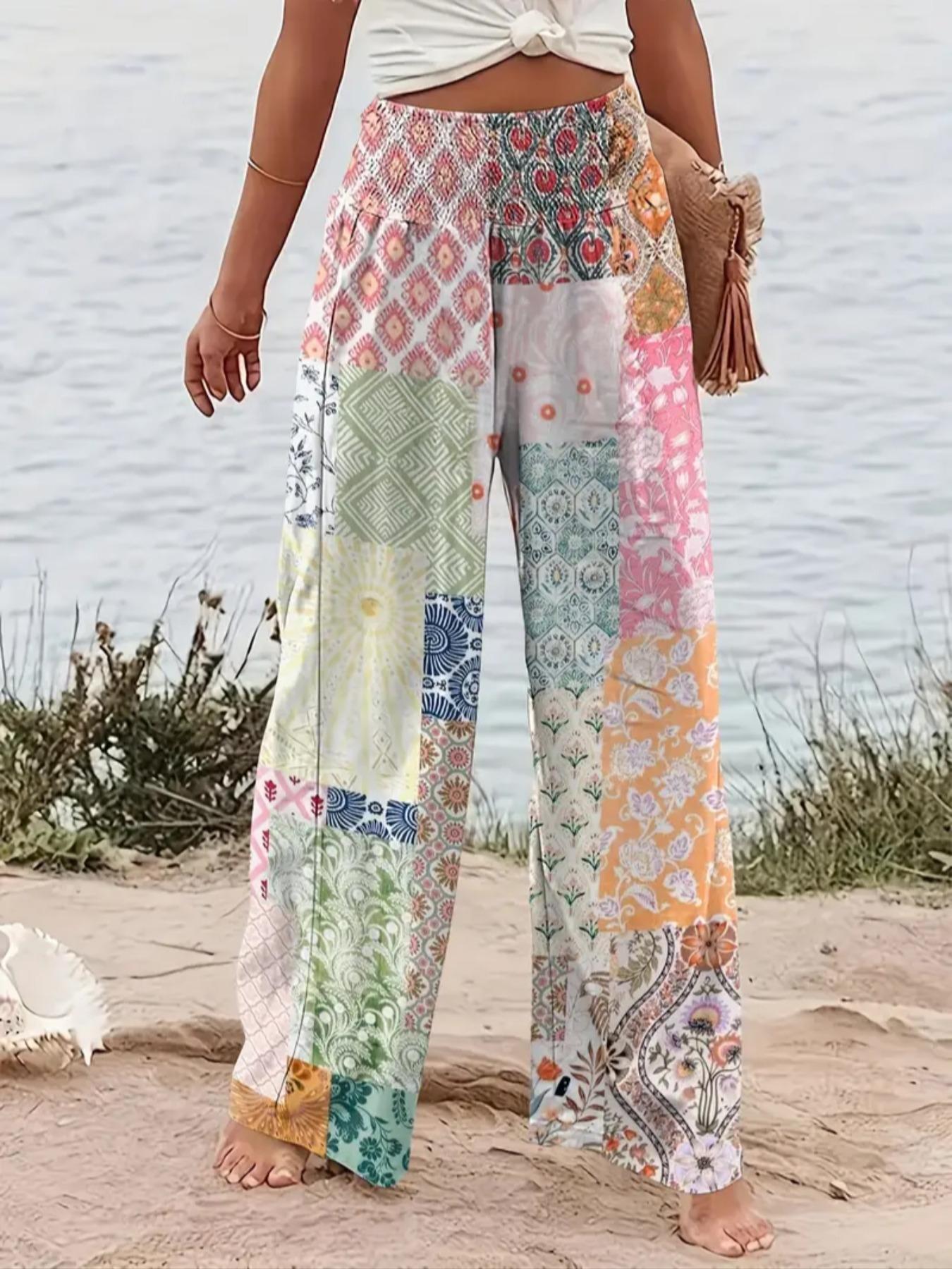 Plus Size Patchwork Print Plicated Shirred Wide Leg Pants, Casual Lounge Pants, Boho Casual High Waist Trousers, Casual Bohemian Trousers for Daily Vacation Holiday Wear, Women's Bottoms for All Seasons