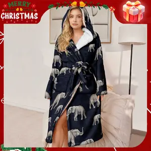 Plus Size Women's Hooded Luxury Bathrobe, Ultra-Comfortable Fleece Robe with Belt and Pockets, Fluffy Robe, Elephant Pattern, Winter Gift for Mom and Wife
