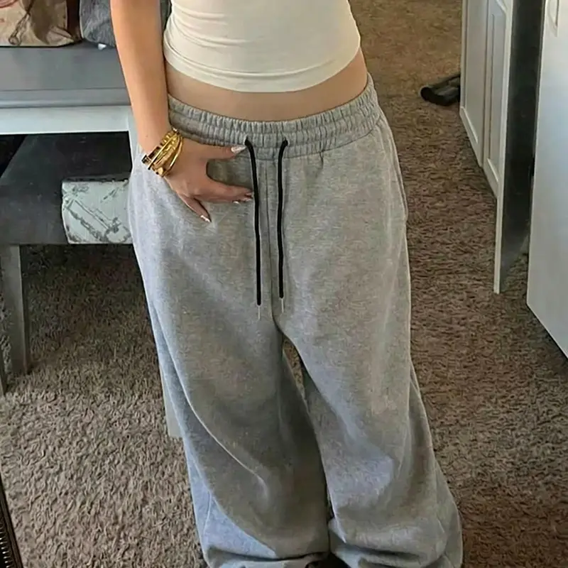 Soft Heather Grey Elastic Drawstring High Waist Baggy Wide Leg Sweatpants, Y2K Streetwear Lounge Gym Daily Casual Loose Women Trousers, Athleisure Lounge Pants, Stretch Relax Fit Comfy All Season With Side Pockets