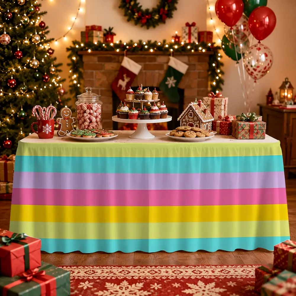 1 piece of colorful horizontal striped tablecloth table skirt, suitable for organizing events, decorating kitchens and restaurants