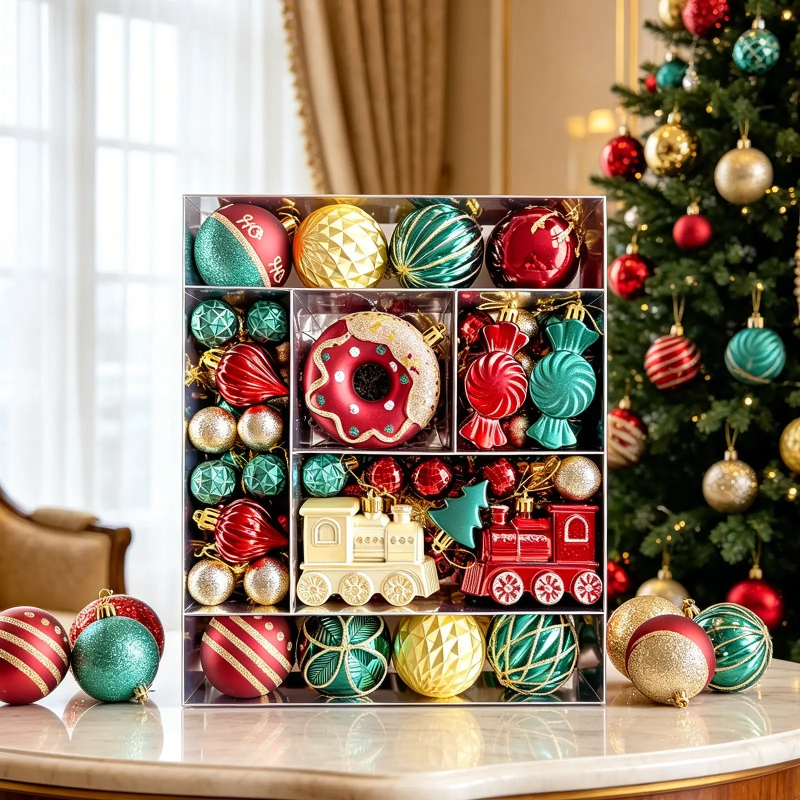 82-Piece Christmas Decoration Set, Painted Donut Train Head Ornaments, Holiday Party Decor, Durable Reusable Hanging Decorations, Family Christmas Ornaments