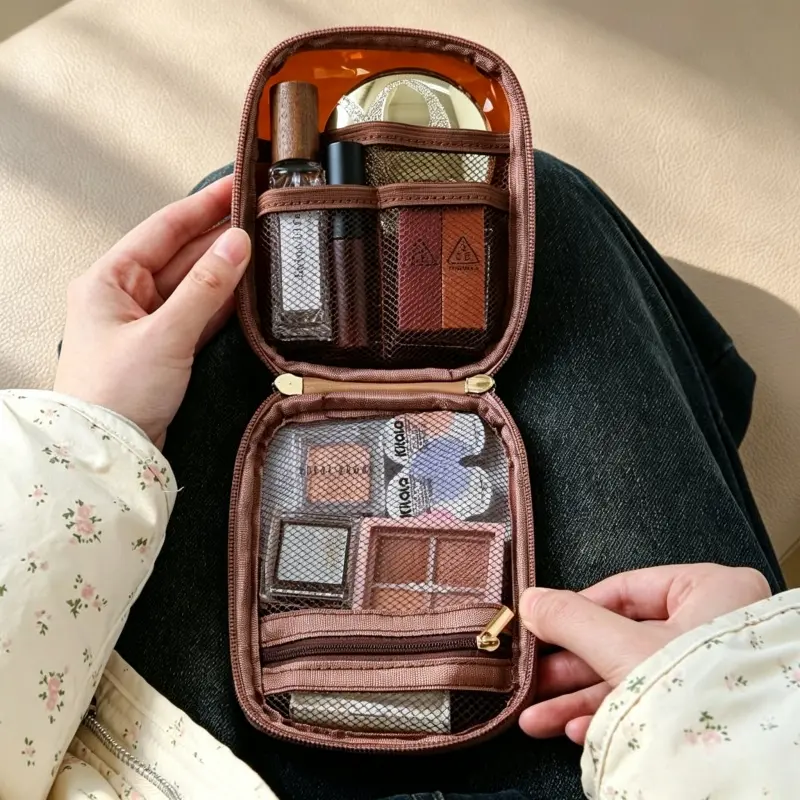 Multi-function Divided Mini Organizer Bag, Hold Makeup Contact Lens Jewelry Skincare Samples, Retro Color Hard-shell Portable Small Makeup Pouch