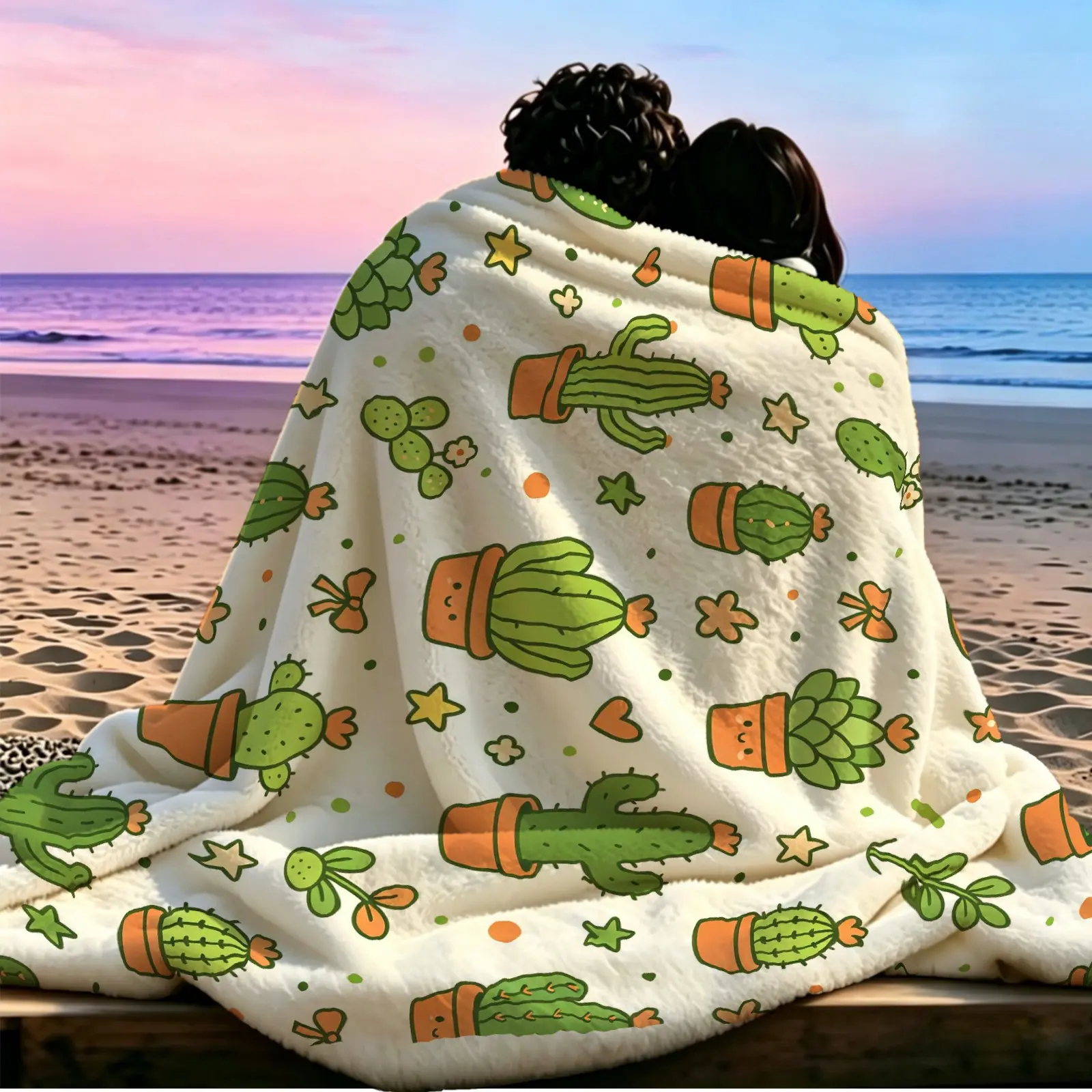 Full Print Cute Cartoon Green Cactus Flannel Blanket, Suitable for Teens & Adults, Soft Fabric, Multiple Colors, Ideal for Bedroom Sofa Travel, Perfect Gift
