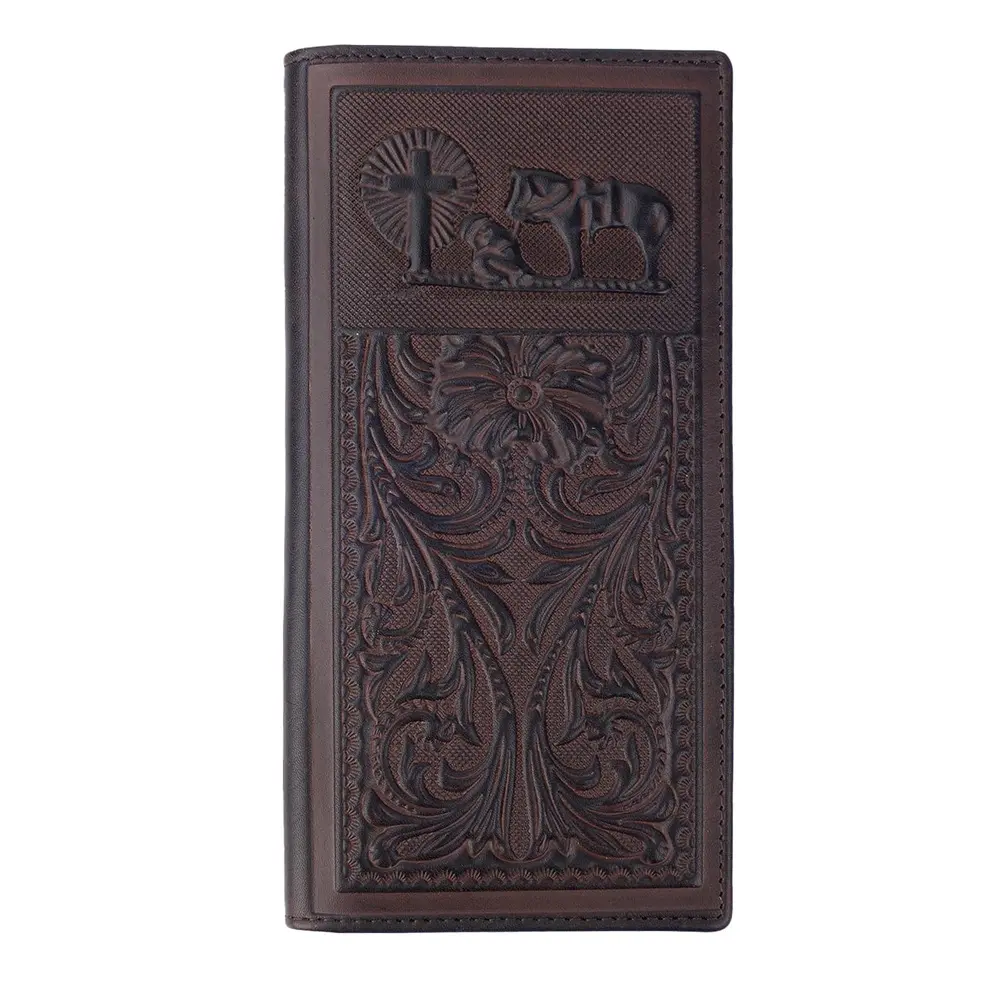 Western Cowboy Prayer Design Vegetable Tanned Leather Checkbook Wallet For Men With 13 Card Slots