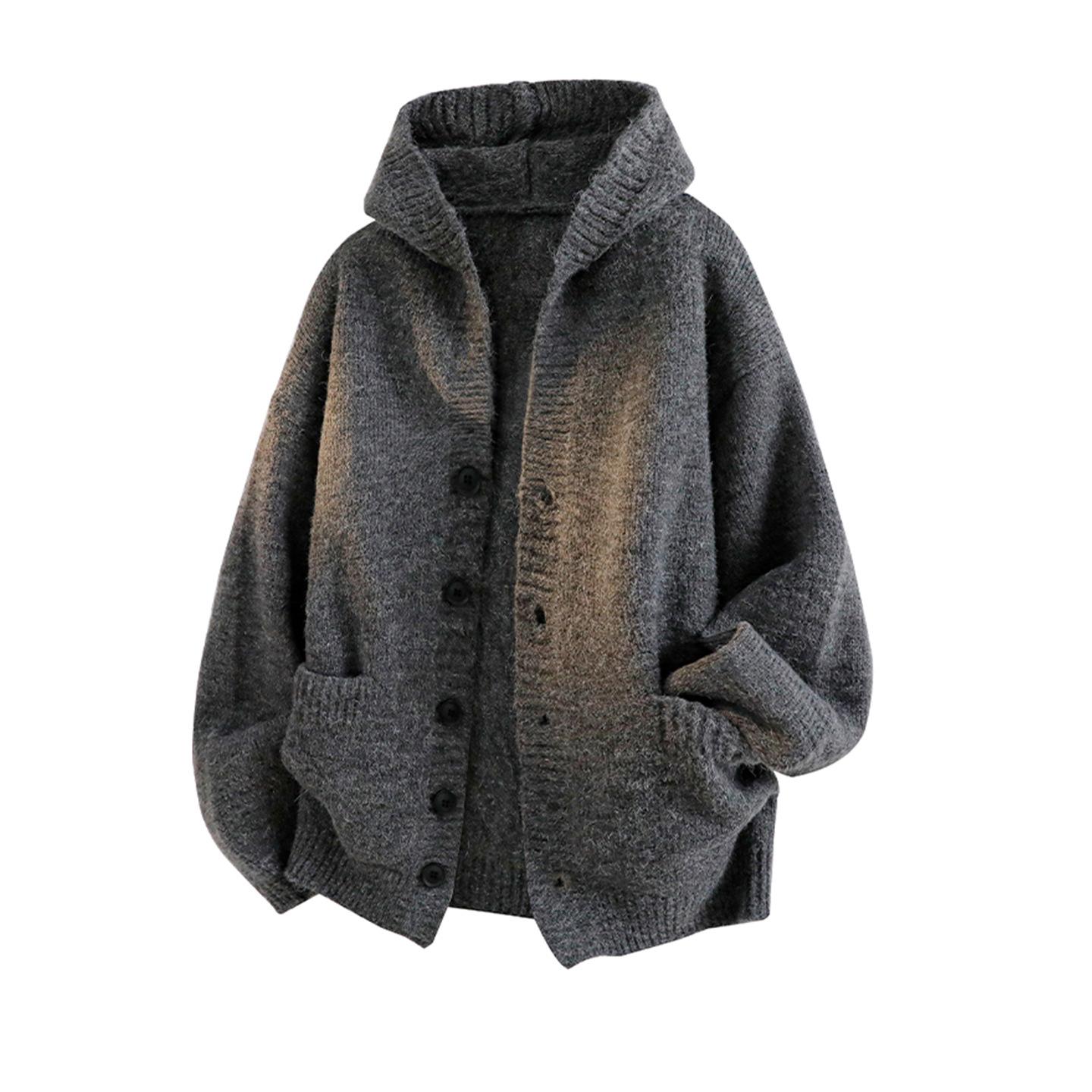 Hooded Cardigan Knitted Sweater Men's Autumn Winter Coat Seahorse Wool Lazy Loose Knitwear