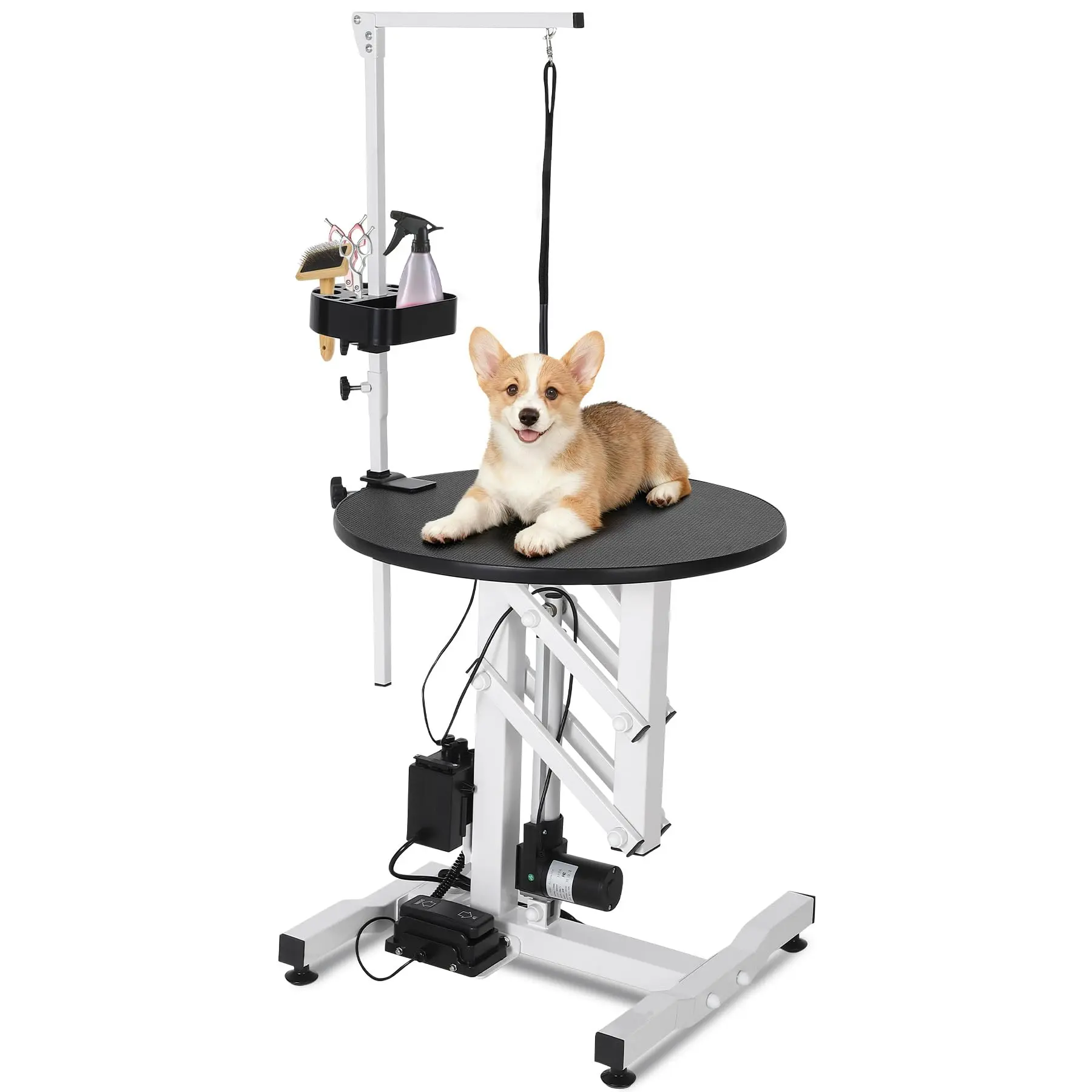 Electric Hydraulic Lift Dog Grooming Table – 24 Inch, Rotating Non-Slip Top, Overhead Arm, Foot Pedal Remote, Tool Organizer, 250LBS Capacity, Adjustable Height – Professional Pet Salon Station
