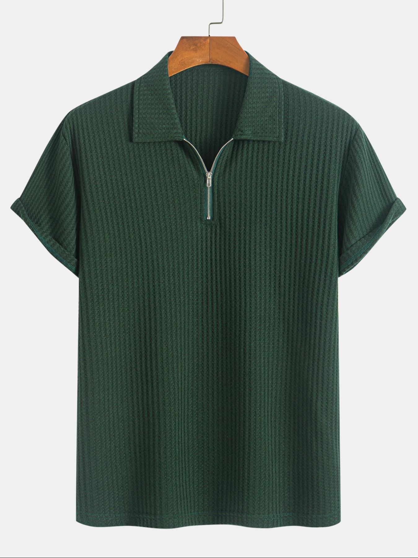 Men's Solid Ribbed Short Sleeve Knitted Polo Shirt, Solid Zipper Polo, Regular Fit Casual Breathable Comfy Top for Summer, Men's Clothes for Daily Wear