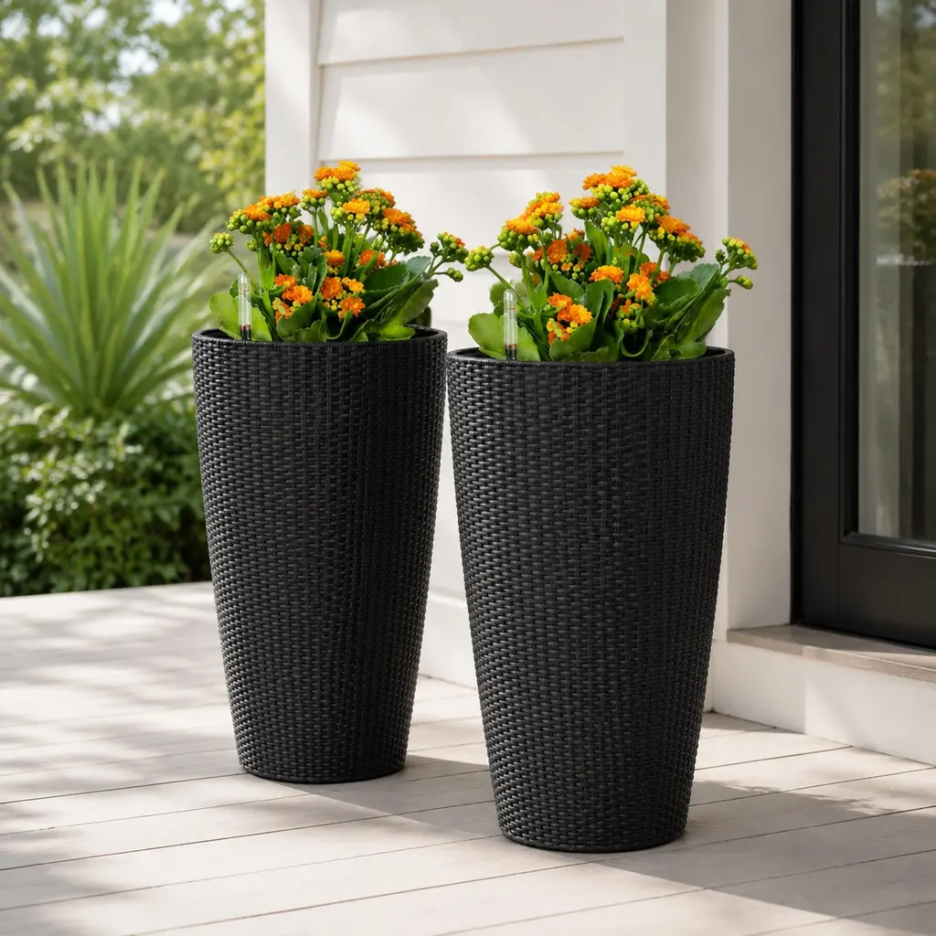 2-Piece 22-in Black Faux Rattan Tall Planters, Indoor/Outdoor Large Succulent Pots with Water Level Monitor, Inner Bucket & Automatic Watering System