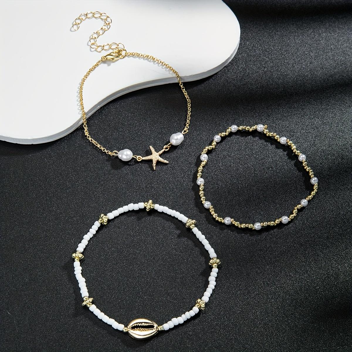 3pcs Beach Style Anklet Set] Beaded Anklet Set for Women, 3pcs Summer Beach Style, Starfish and Shell Charms, Vacation & Daily Wear, Universal Anklets Set