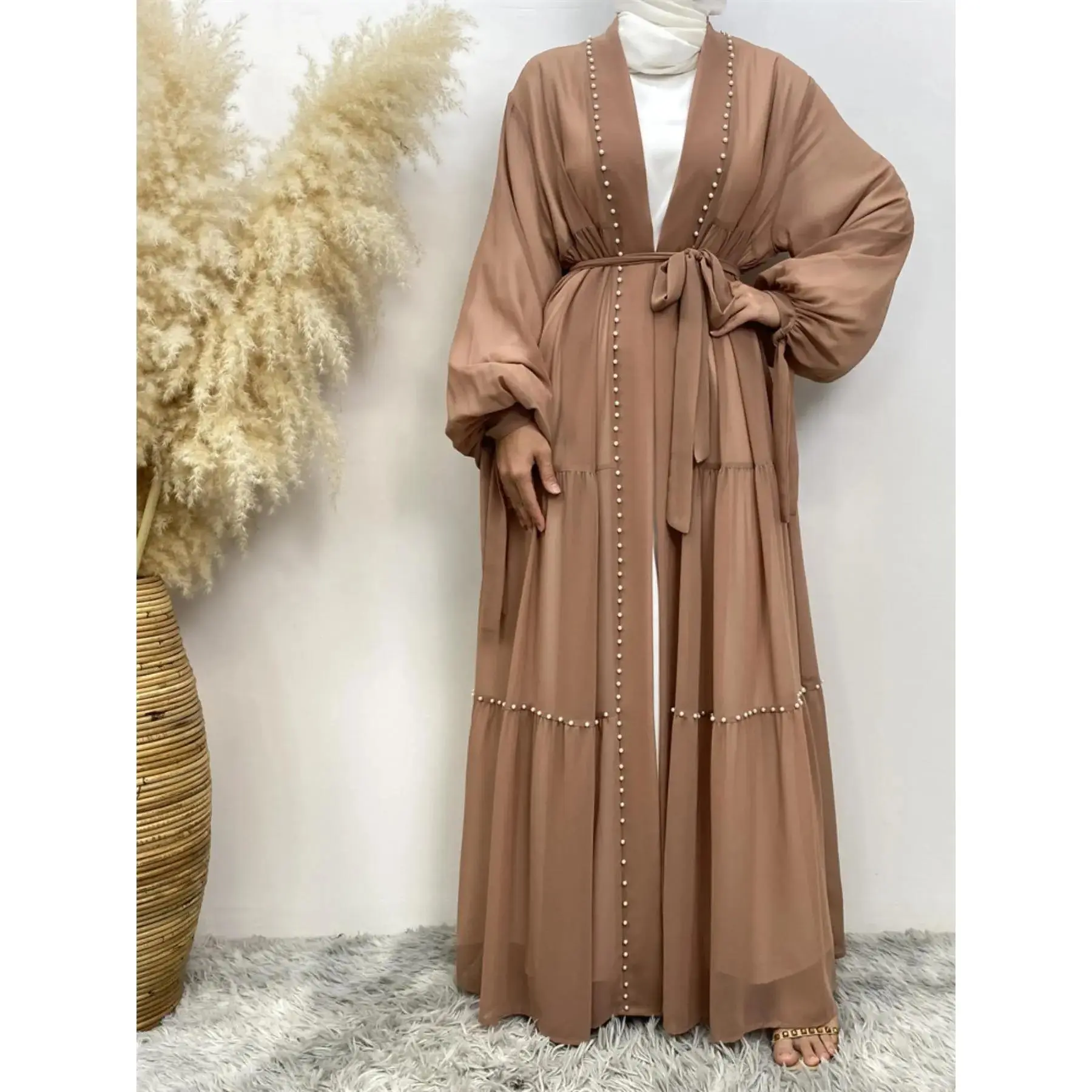 Women's Faux Pearl Decor Belted Chiffon Maxi Abaya, Modest Lantern Sleeve Open Front Abaya for Daily Wear, Women's Islamic Clothing for Spring & Fall