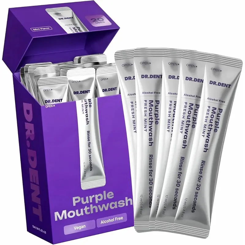 DR.DENT Purple Mouthwash for Teeth Whitening - Color Correcting Mouthwash Sachets - Peroxide Free, Alcohol Free - Freshens Breath, Supports Gum Health - Vegan, Mint Flavor (20 pc) Oral
