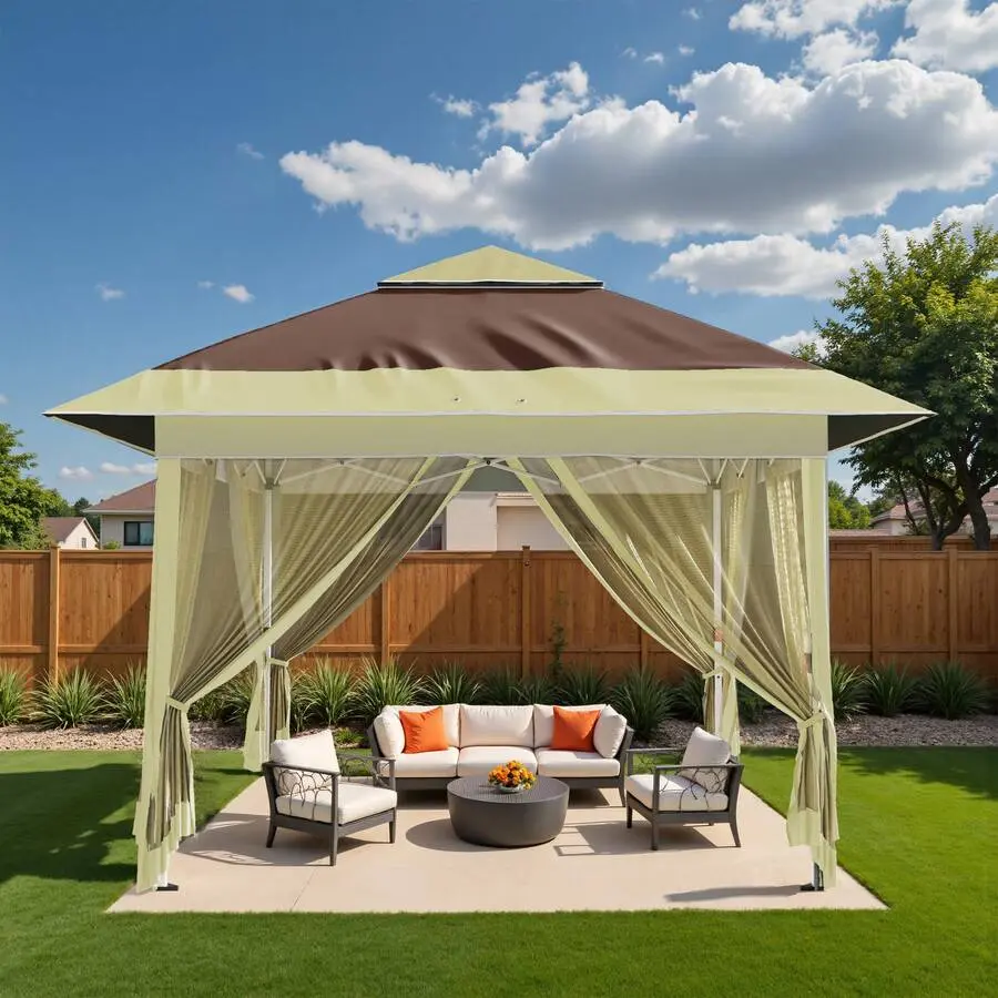 Flamaker 12x12 FT Square Instant Pop Up Gazebo - Outdoor Sun Protection Canopy Shelter with Adjustable Height, 4 Sandbags, 2-Tier Roof, Mesh Netting, Metal Legs for Patio, Lawn, Backyard, Brown, Instant Setup