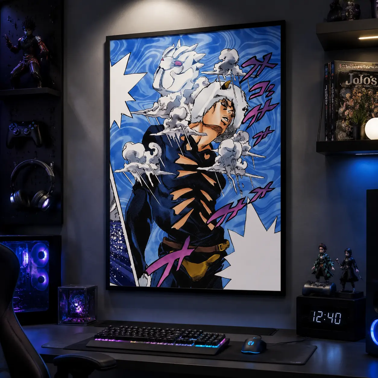 JoJo's Bizarre Adventure Weather Report Canvas Poster, Blue Anime Manga Wall Art Print, Creative Japanese Room Decor for Living Room Bedroom Game Room, Anime Fan Holiday Gift