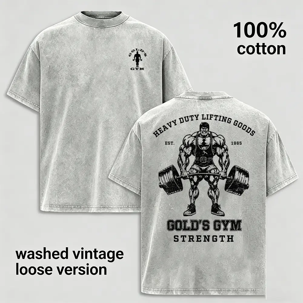 Classic Distressed Washed Vintage Gym Tee For Men Gold's Gym Retro Weightlifter Double Sided Print Oversized Relax Fit Soft Cotton Strength Training Daily Short Sleeve Shirt