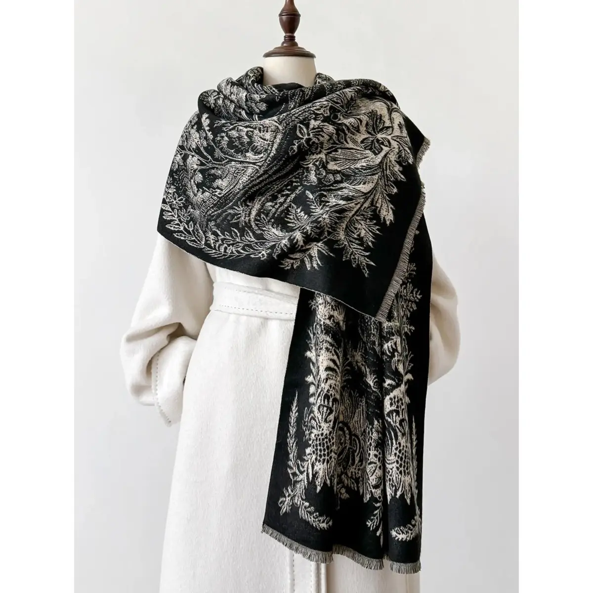 Women's Italian Plant Jacquard Scarf - Double-Sided Boho Tencel Shawl with Tassels, Female Chiffon Accessory for Fall Winter with Soft Warmth, Tassel Decor Shawl, Plain, Square