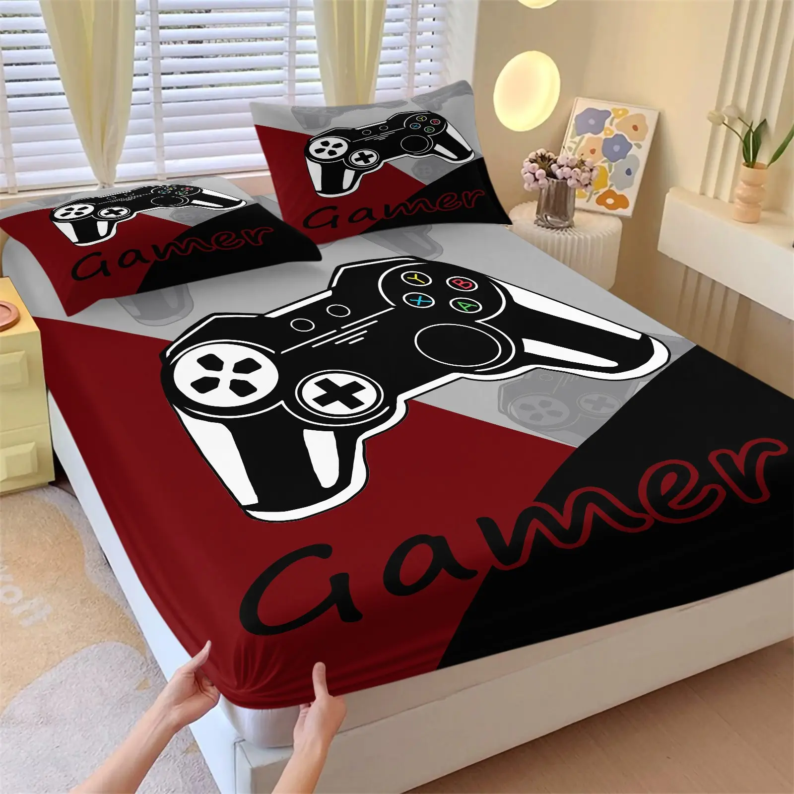 Classic Video Game Controller Fitted Sheet Set, Theme Bedding Set, 1 Fitted Sheet + 2 Pillowcases - 3 Piece, Soft Microfiber Deep Pocket Design, E-sports Gaming Bedroom Decoration, Gift for Teen Boys & Gaming Fans, Soft Sheets