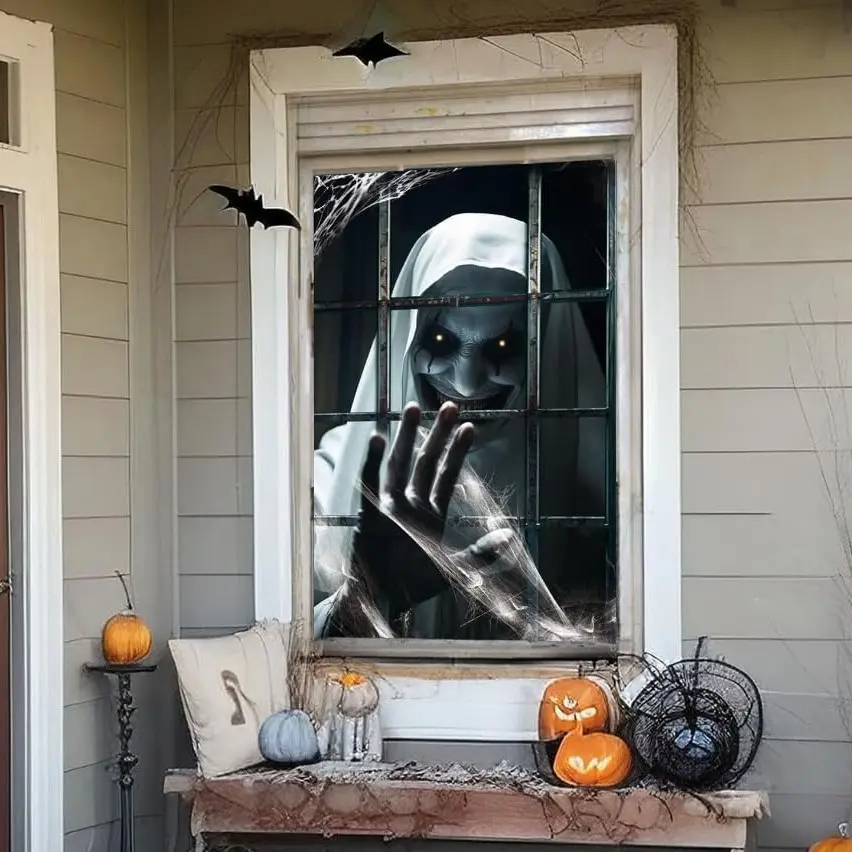 Scary Halloween Window Decorations Female Ghost Curtain Fabric Window Door Cover Scary Decor for Halloween Party Decorations Indoor Outdoor Home Party Decorations