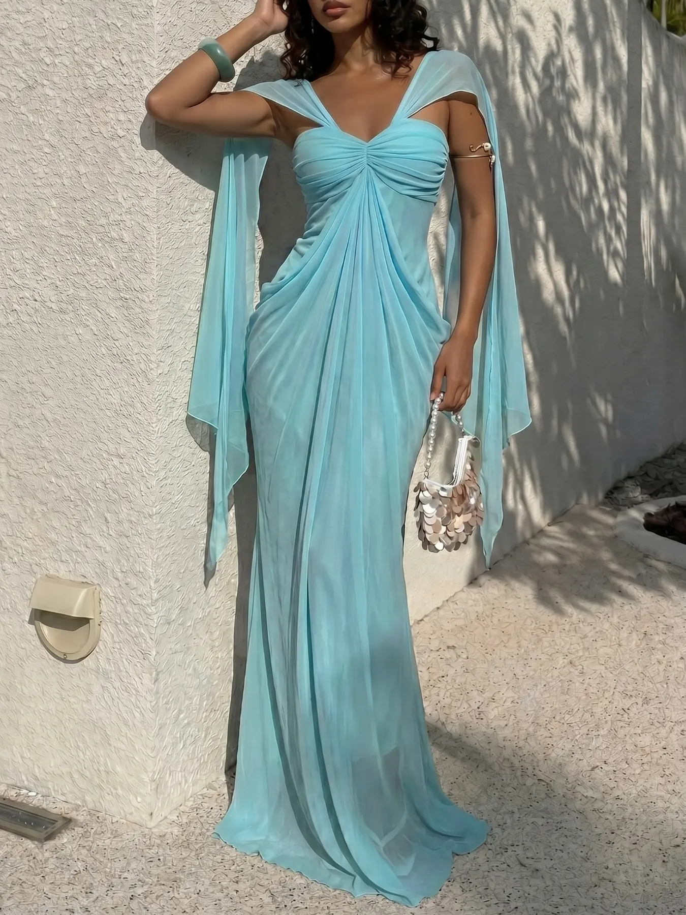 Women's Casual Formal Sky Blue Chiffon Cape Sleeve Maxi Dress, Elegant Formal Dress, Grecian Elegance Gown for Wedding, Evening & Cocktail Outfits, Dresses For Party, Spring Sale Deals 2026, Skin-Friendly Sheer Fabric
