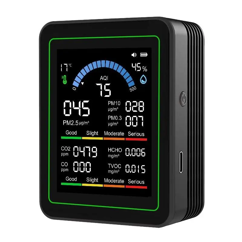 10-in-1 Air Quality Monitor Indoor with AQI, HCHO, TVOC, PM2.5, PM10, PM0.3, CO, CO2, Temperature & Humidity – Smart Air Quality Tester with Real-Time Display for Home, Office, Baby Room