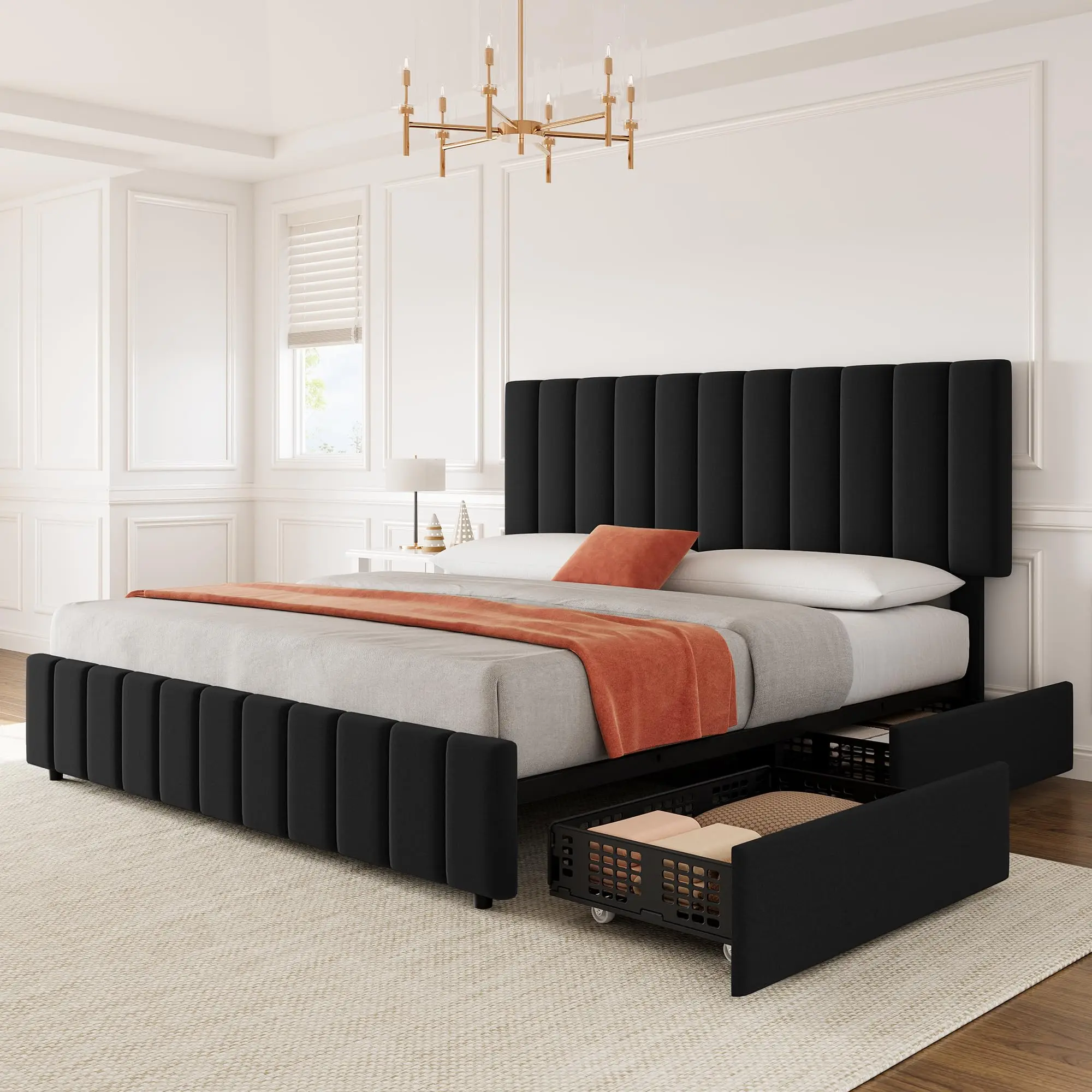 Bed Frame, Linen Bed Frame with 4 Storage Drawers, Grey  Upholstered Platform Bed with Adjustable Height Headboard, No Box Spring Needed, Easy Assembly