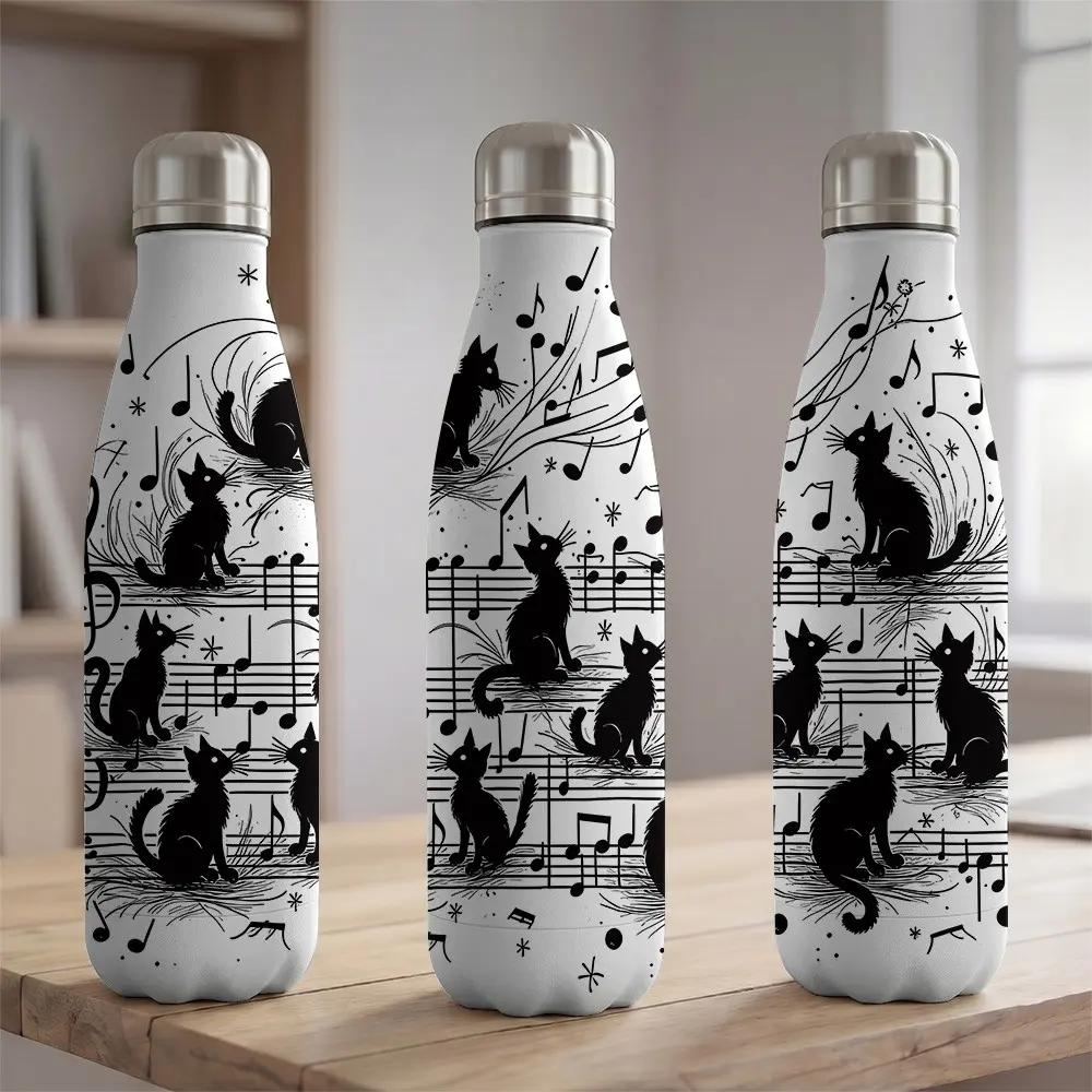1pc 17oz Double Wall Vacuum Insulated Stainless Steel Water Bottle 500ml Cute Black Cats and Music Notes Print Cola Shaped Travel Mug Leakproof Sports Flask for Car Yoga Camping Hiking Commute