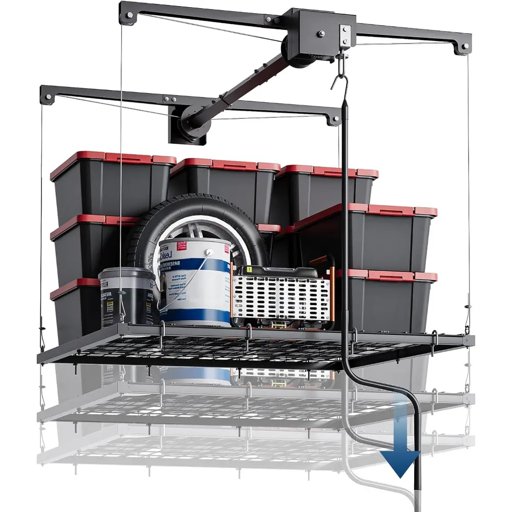 Overhead Garage Storage Rack, Adjustable 4x4 ft Heavy Duty Ceiling Mounted Storage Racks with Safety Lock, 250 lb Capacity Overhead Garage Storage Rack for Garage and Attic