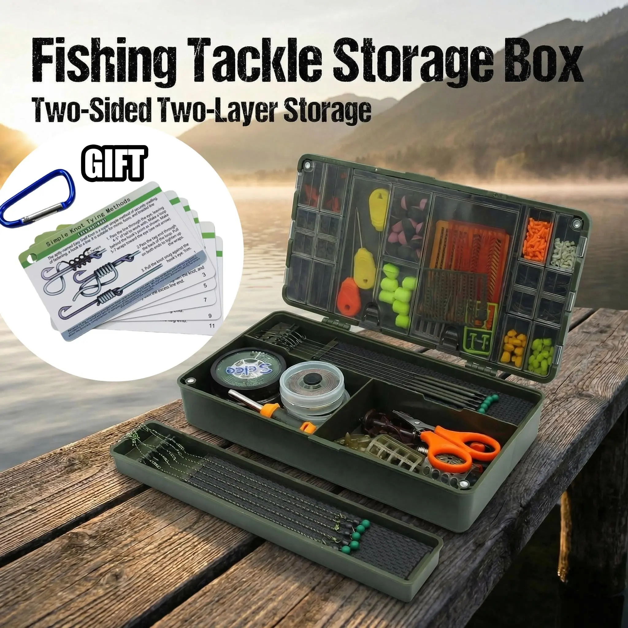 Double-Sided Dual-Layer Large Fishing Gear Organizer Tray, Measuring Scale, Leader Line Board, Hook Locator Pin, Knot Guide Card, Lure Surf Fishing Box