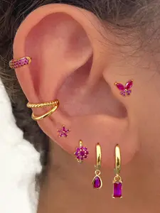 7Pcs Exquisite 24K Gold Plated Cubic Zirconia Flower Stud Earrings Jewelry Set For Women Red Zircon Hoop Earrings Pack Waterdrop Drop Dangle Earrings Stack Earring Stacking Set