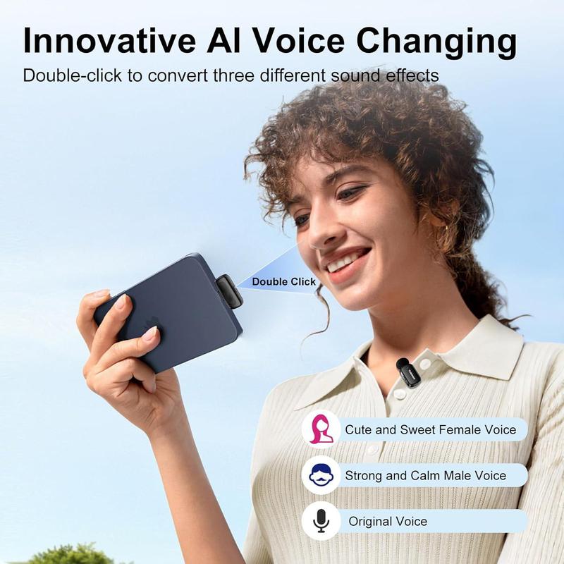 Professional Wireless Lavalier Microphone Lapel Mic with AI Voice Changing Mode, Smart Noise Cancellation - Portable Charging Case - For iPhone & Android phone, - Grade Sound for TikTok, YouTube, Vlog, Interview, Podcast
