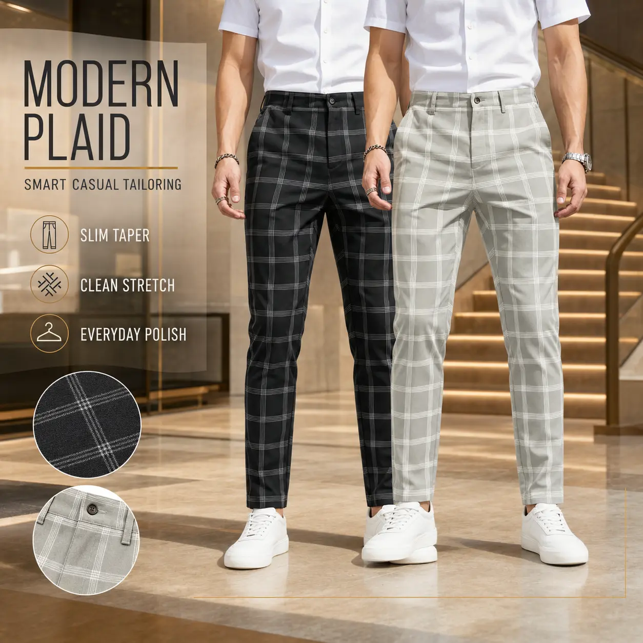 Men Plaid Ankle Pants Business Casual Slim Tapered Checkered Dress Pants Daily Office Trousers