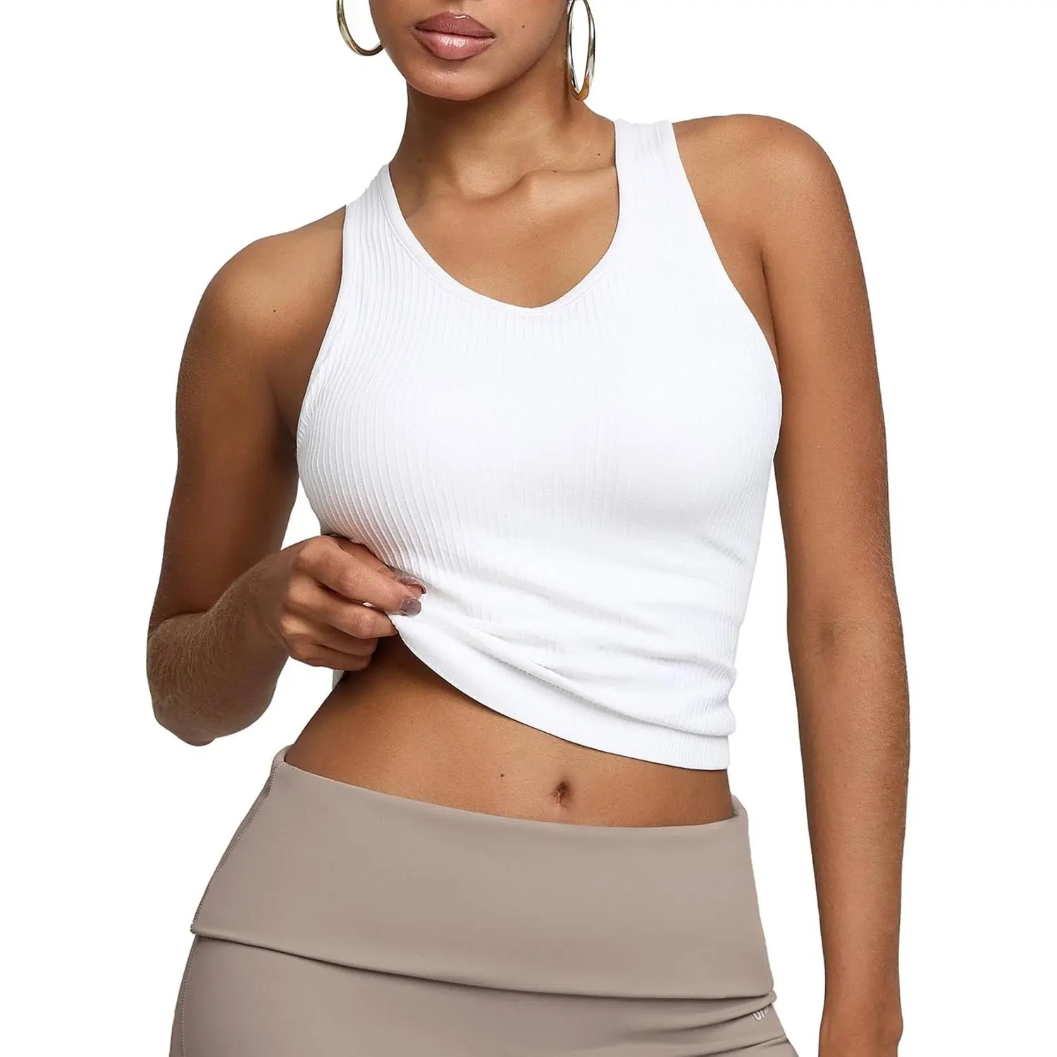 BRXL Women's Seamless Racerback Built-in Bra Tank Top - Sleeveless, U-Neck, Light Support, Stretch Fabric, Slim-Fit, Waist-Length for Yoga, Gym, Fitness, Multi-Size