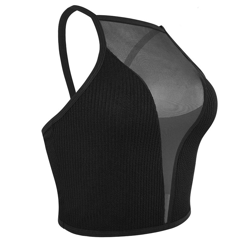 Women's Ribbed Halter Short Crop Top - Minimalist Sleeveless Backless Mesh Bralette, Supportive Stretch Polyamide Vest for Daily Casual Wear, Plus Size