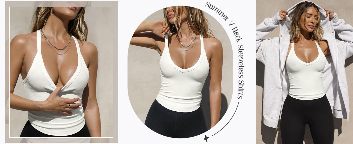 FMEYOA Women Casual Racerback Tank Tops Summer V Neck Ribbed Knit Yoga Workout Camisole Basic Top