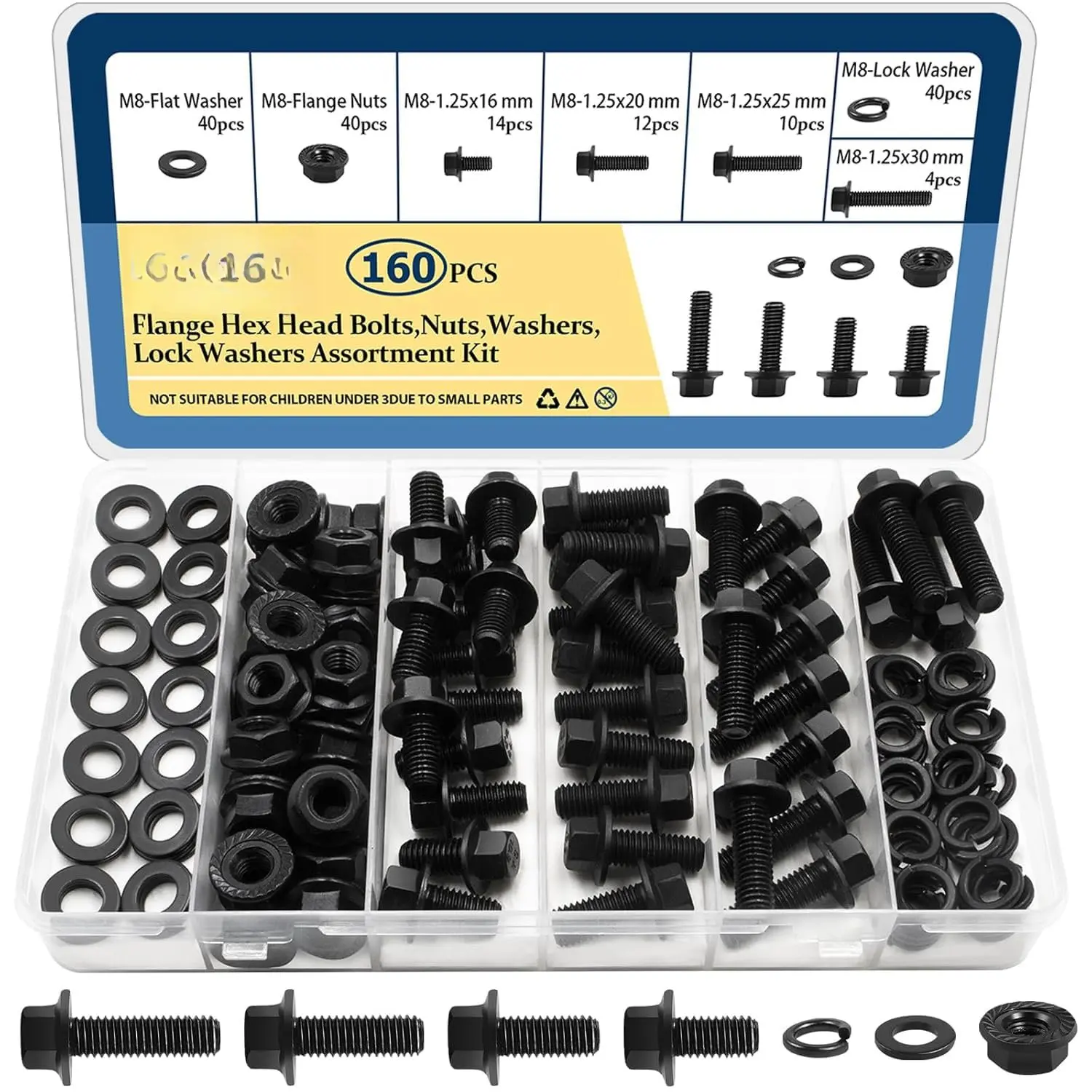 M8-1.25 Flange Bolt & nut(16/20/25/30mm)  Kit 160 count | M8 1.25 Flange Nuts and  set with lock washers, hex flange  screw and 8mm nut 10.9 alloy steel black m8 bolt kit